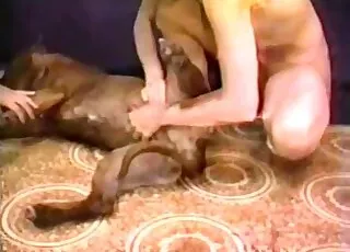 Two ladies are fucking a dog in the grass